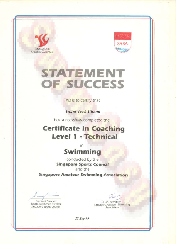 Singapore Swimming Coach Certificate Technical Level 1