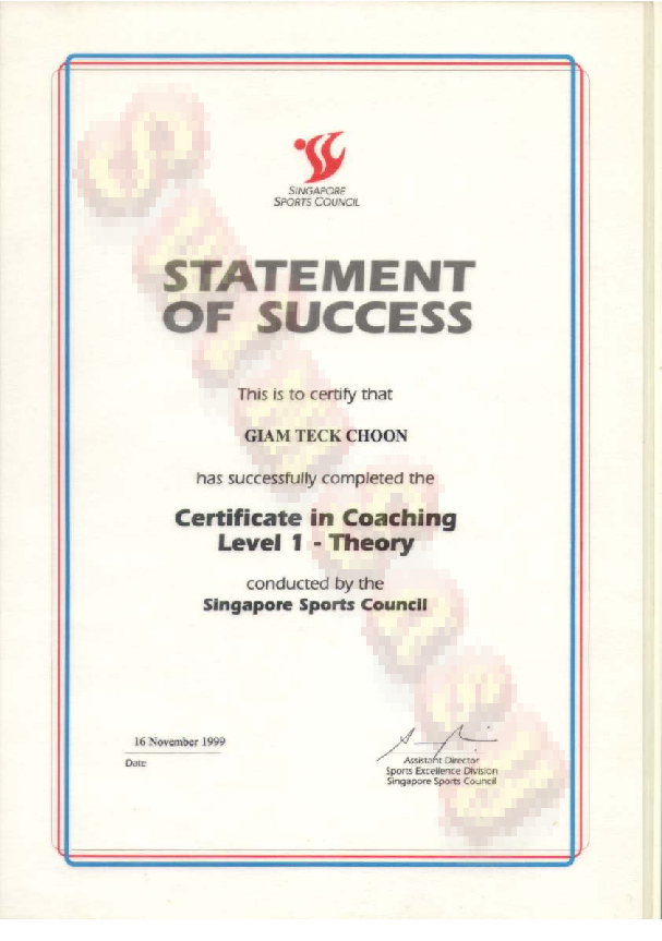 Singapore Swimming Coach Certificate Theory Level 1